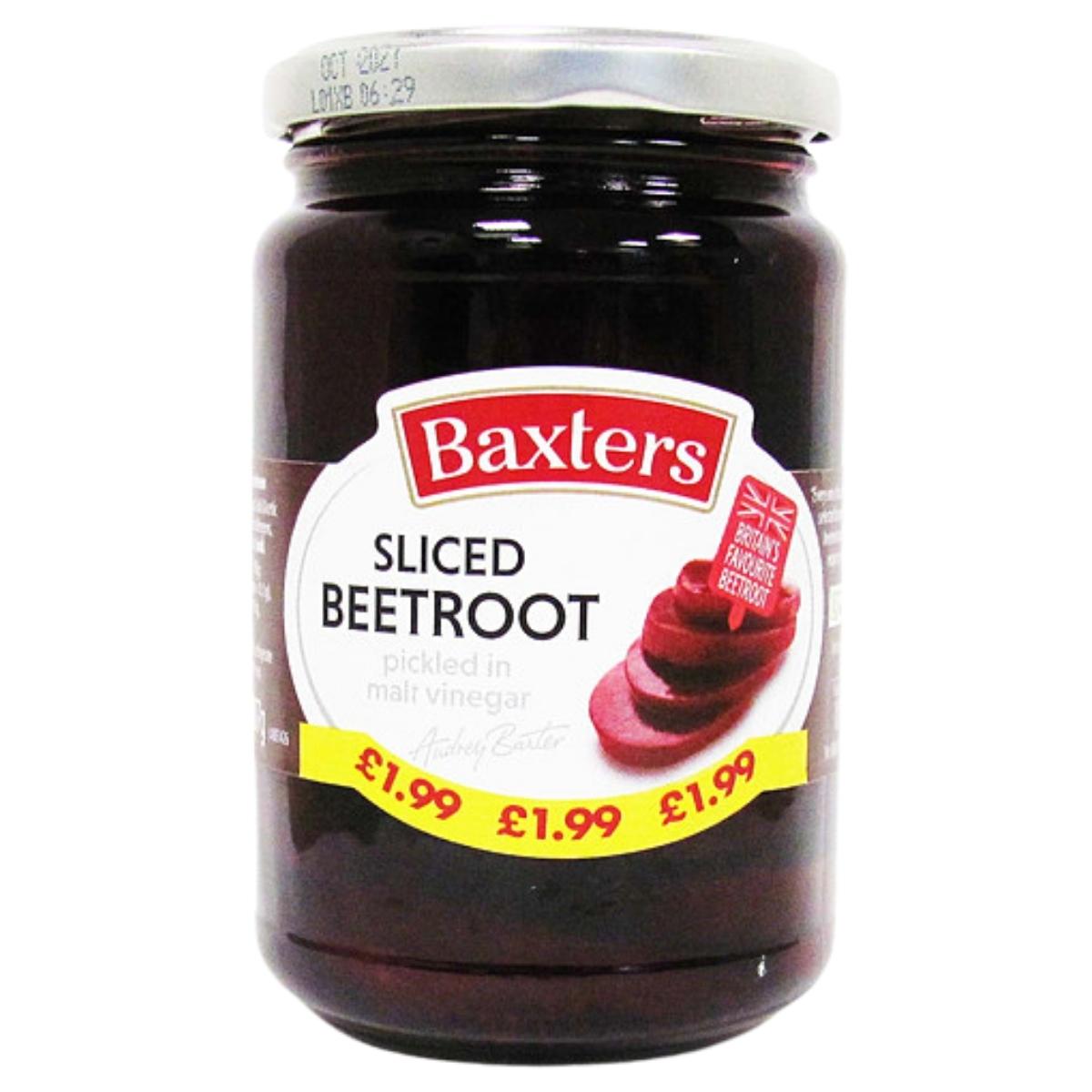 A 340g jar of Baxters Sliced Beetroot, pickled in malt vinegar and labelled vegan, with a £1.99 price sticker on the lid and front.