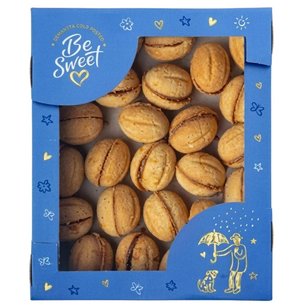 Box of cookies with a blue lid featuring 'Be Sweet' branding and decorative elements.