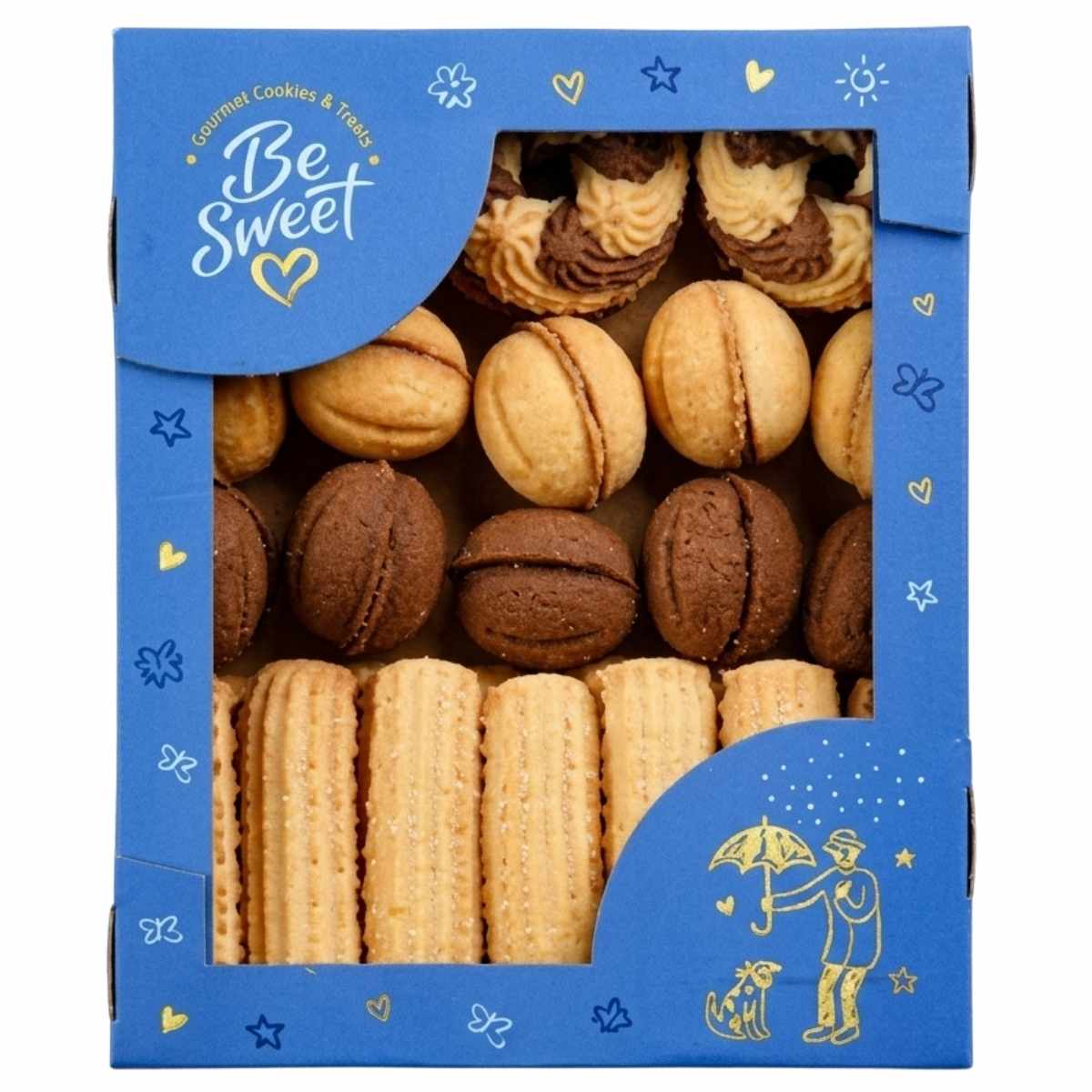 The Be Sweet - Weekend Mix Cookies (520g) box features a clear window revealing assorted cookies, including sandwich and ridged rectangular varieties. The blue packaging is labeled with the Be Sweet brand.
