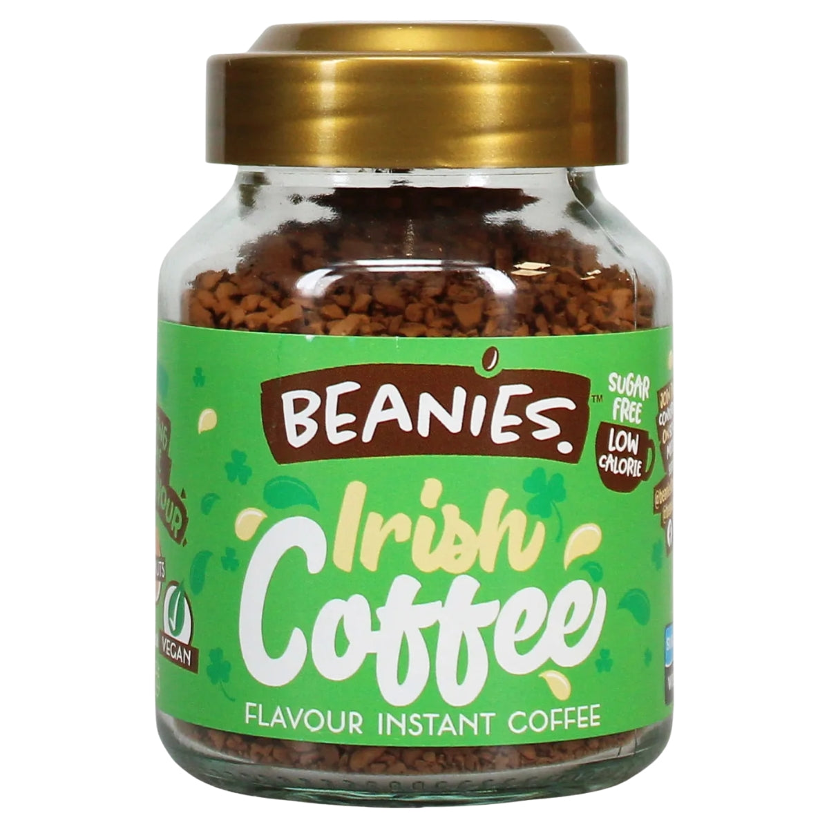 A 50g jar of Beanies Irish Cream Flavour Coffee with a green label and gold lid, labeled sugar free, low calorie, and vegan.