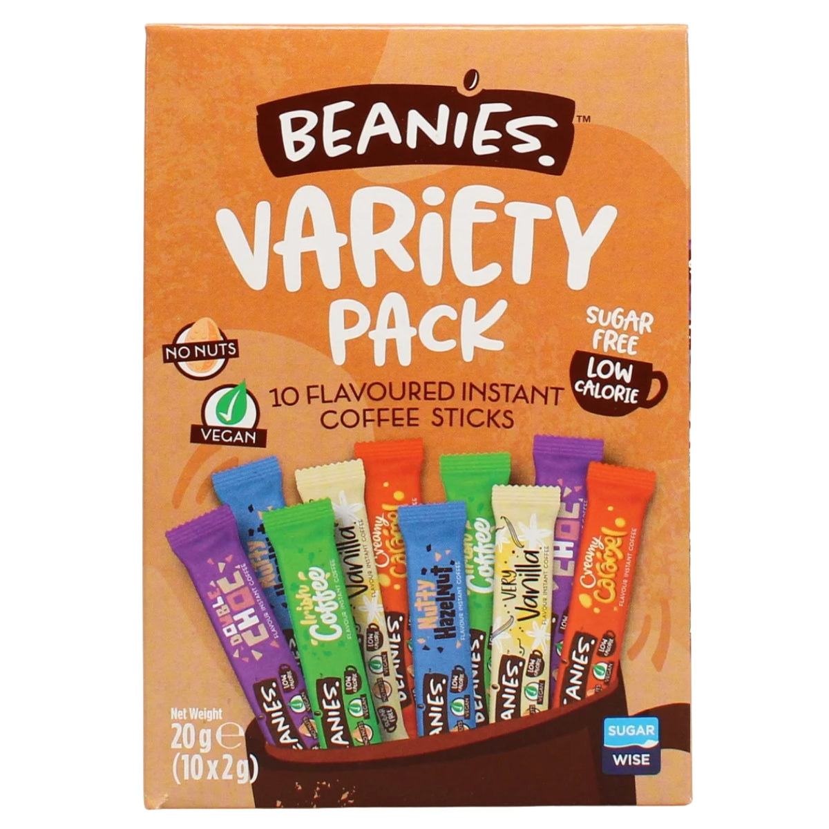 Beanies - Variety Pack Instant Coffee Sticks - 10x2g by Beanies includes 10 exciting instant coffee flavours, such as hazelnut and double choc. The colourful stick packets are sugar free, low calorie, nut free, and vegan.