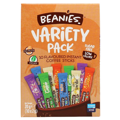 Beanies - Variety Pack Instant Coffee Sticks - 10x2g by Beanies includes 10 exciting instant coffee flavours, such as hazelnut and double choc. The colourful stick packets are sugar free, low calorie, nut free, and vegan.