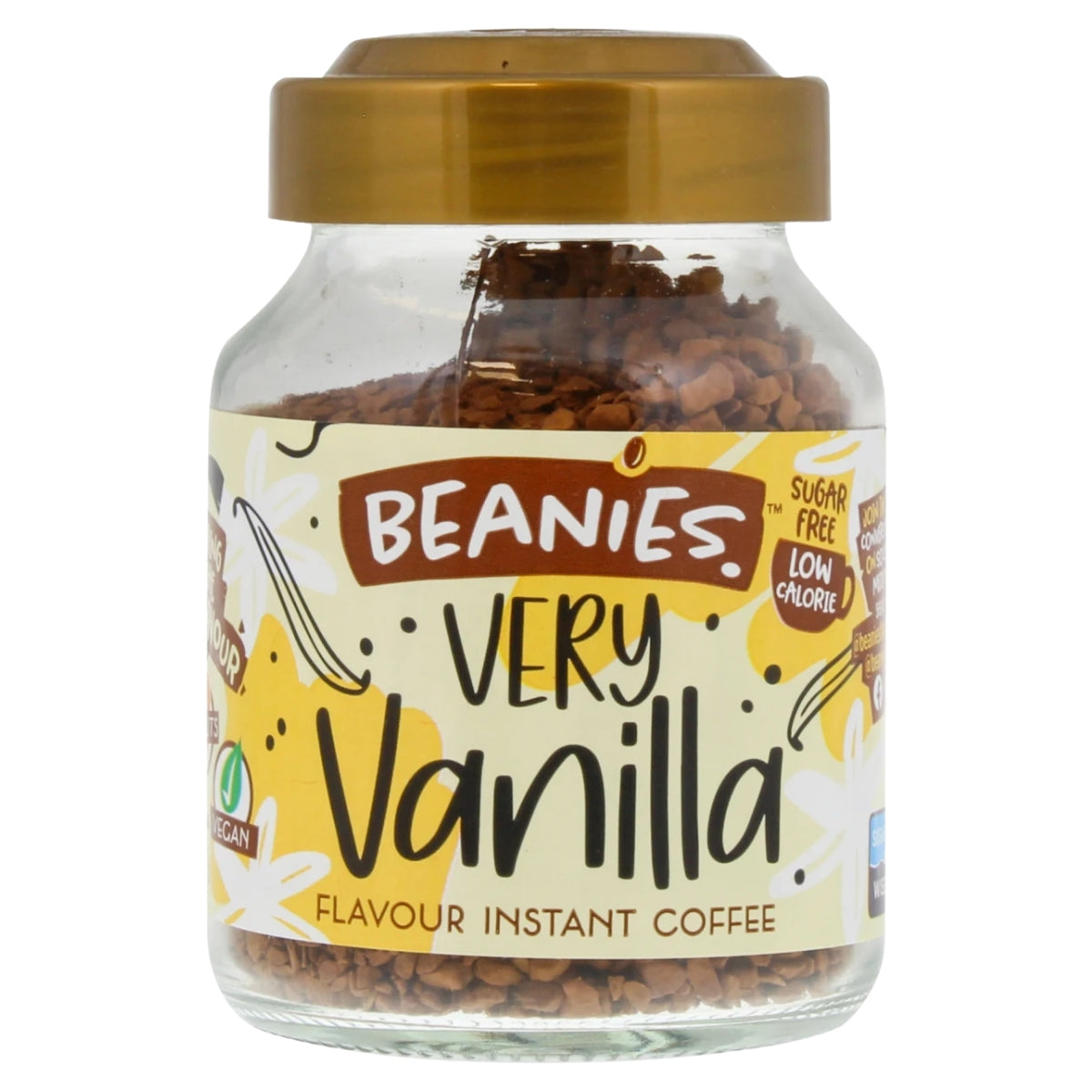 A 50g jar of Beanies - Very Vanilla Instant Flavour Coffee, a freeze-dried, sugar free, low calorie, and vegan coffee with delicious vanilla flavouring and a gold lid.
