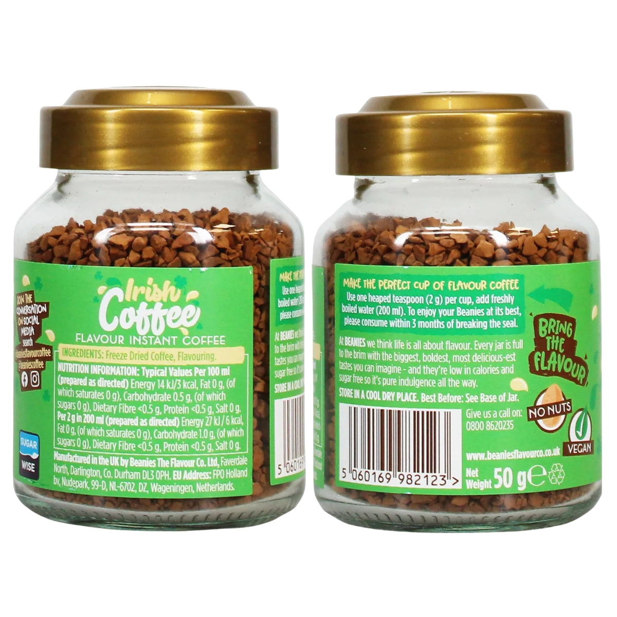 Two jars of Beanies - Irish Cream Flavour Coffee (50g each) are shown with gold lids and visible brown granules inside; the front and back labels are visible, with the back label displaying instructions, ingredients, and product information.