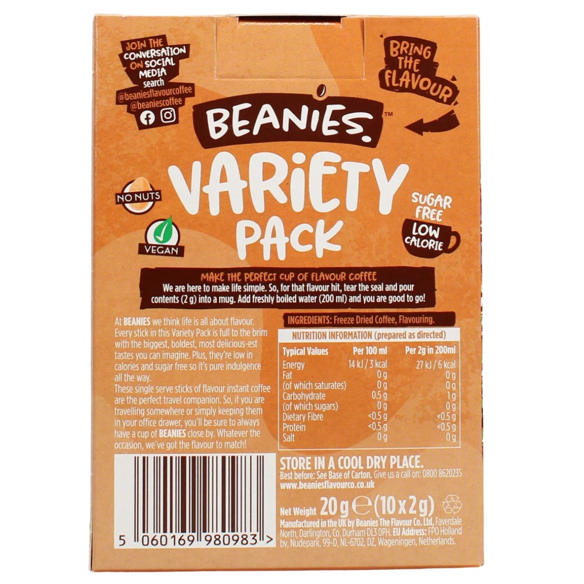 Back of a Beanies Variety Pack Instant Coffee Sticks (10x2g) box showing flavour information—such as double choc and hazelnut instant coffee—nutritional values, vegan and nut-free symbols, plus social media details, all set against a brown background.