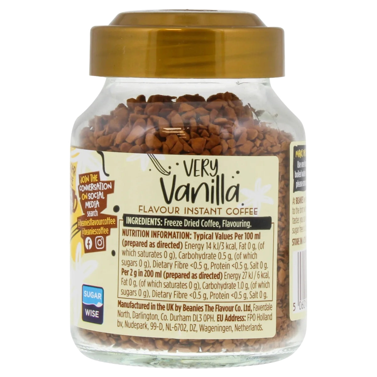 A glass jar of Beanies - Very Vanilla Instant Flavour Coffee (50g), with visible freeze dried coffee granules inside, featuring nutrition information and a detailed ingredients list, including flavouring, on the back label.