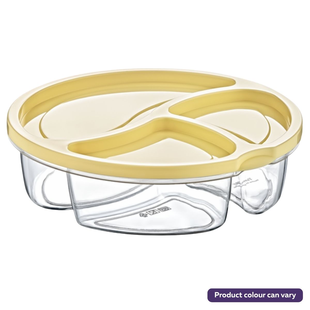 The Bee Home - Round Divided Storage Container (750ml) features three compartments, a yellow lid, and is made from BPA-free plastic. Microwave safe for meals on the go. Product colour may vary. Brand: Bee Home.