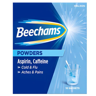 Beechams - Cold & Flu Pain Relief Sachets, containing aspirin and caffeine for cold and flu symptoms, aches, and pains. Includes 10 sachets per box; packaging shows a glass with powder being stirred.