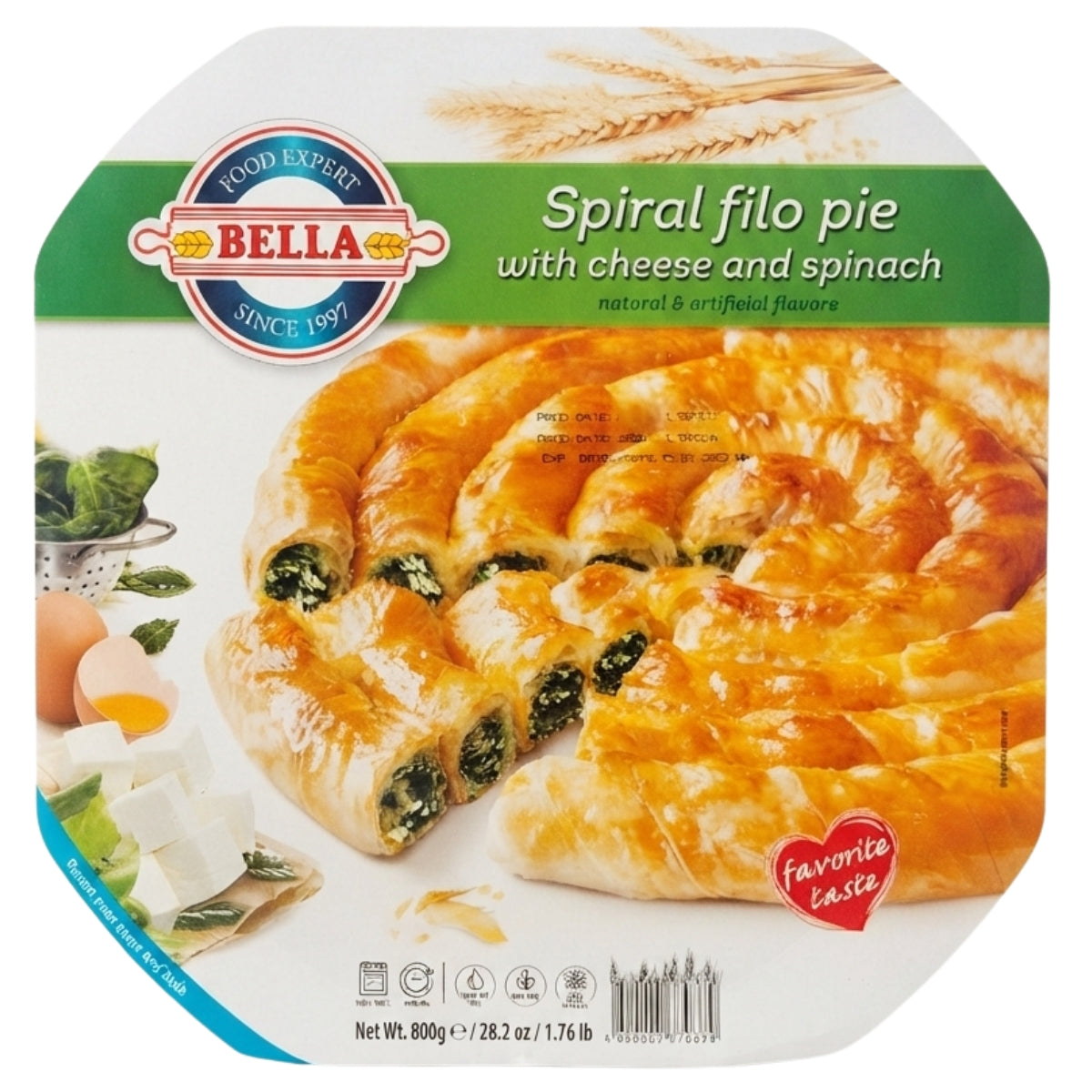 Packaging for Bella - Spiral Filo Pie with Cheese & Spinach (800g) features a baked spiral pastry, sliced portions, and images of cheese, spinach, eggs, and wheat on the label.