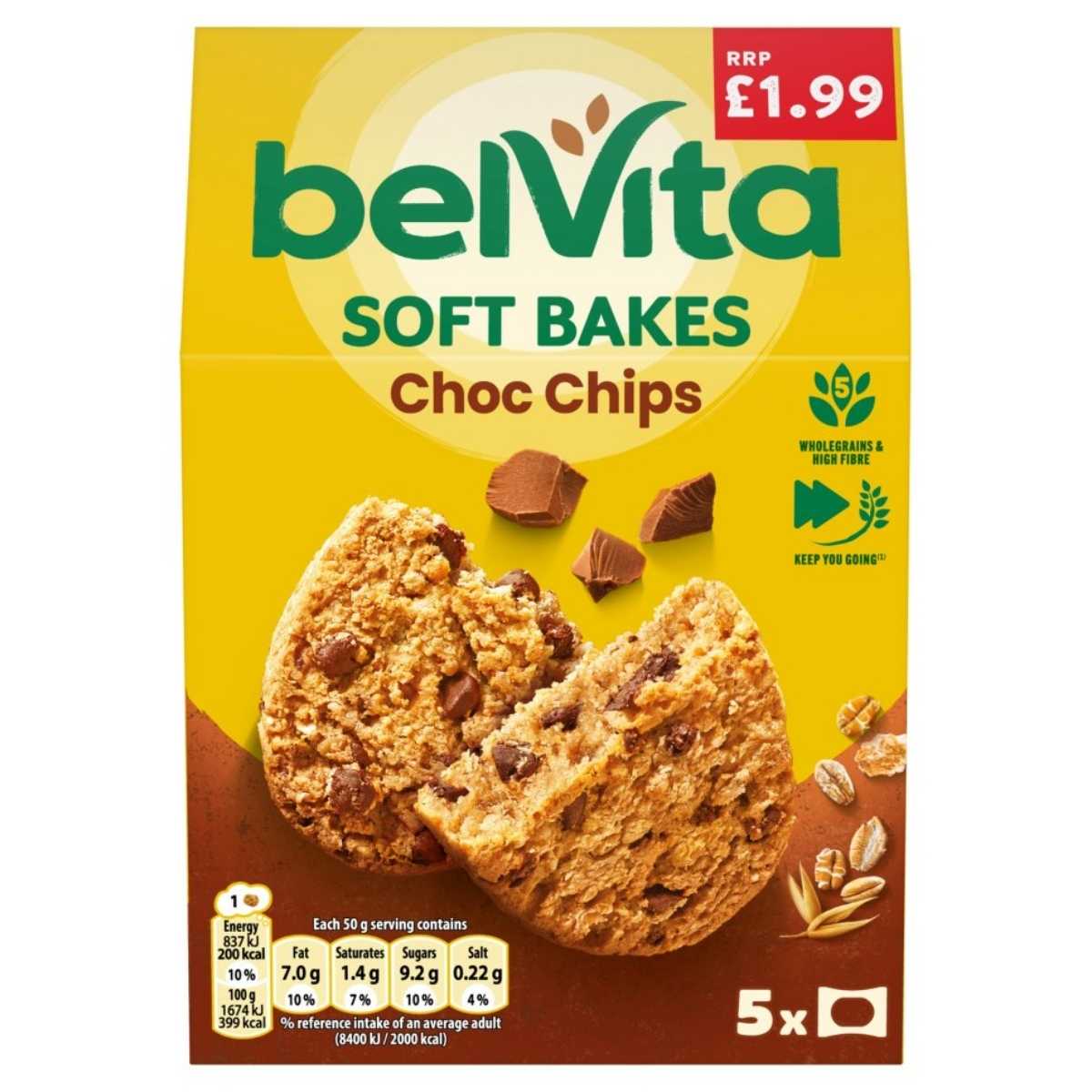 Box of Belvita - Breakfast Biscuits Soft Bakes Choc Chips - 250g, made with wholegrain cereals and chocolate drops, includes nutritional information highlighting dietary fiber and contains five servings, available for £1.99.