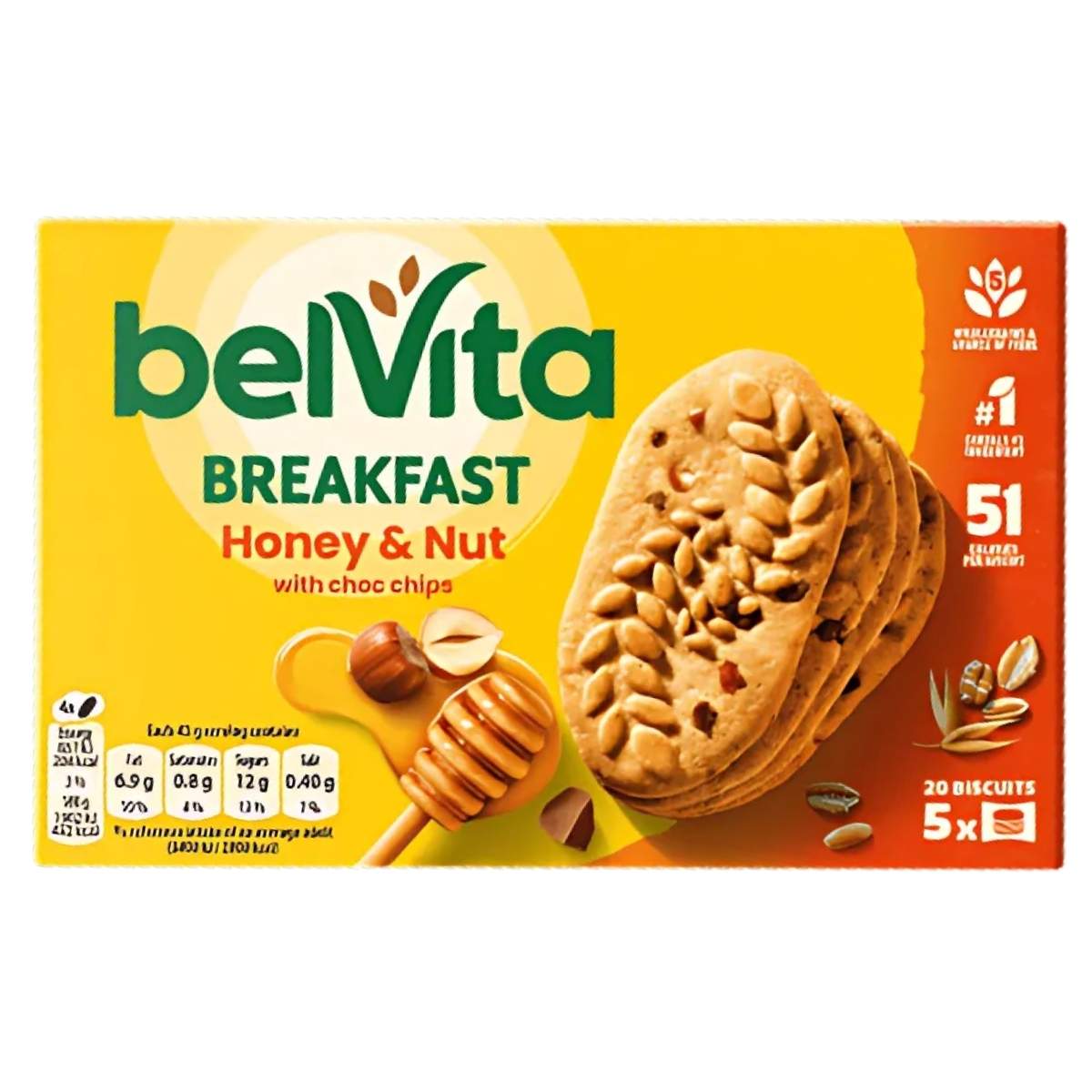 A package of Belvita - Honey & Nut with Choc Chips contains 20 tasty biscuits separated into 5 handy packs, featuring packaging that highlights nutritional details and appealing images of nuts and honey.