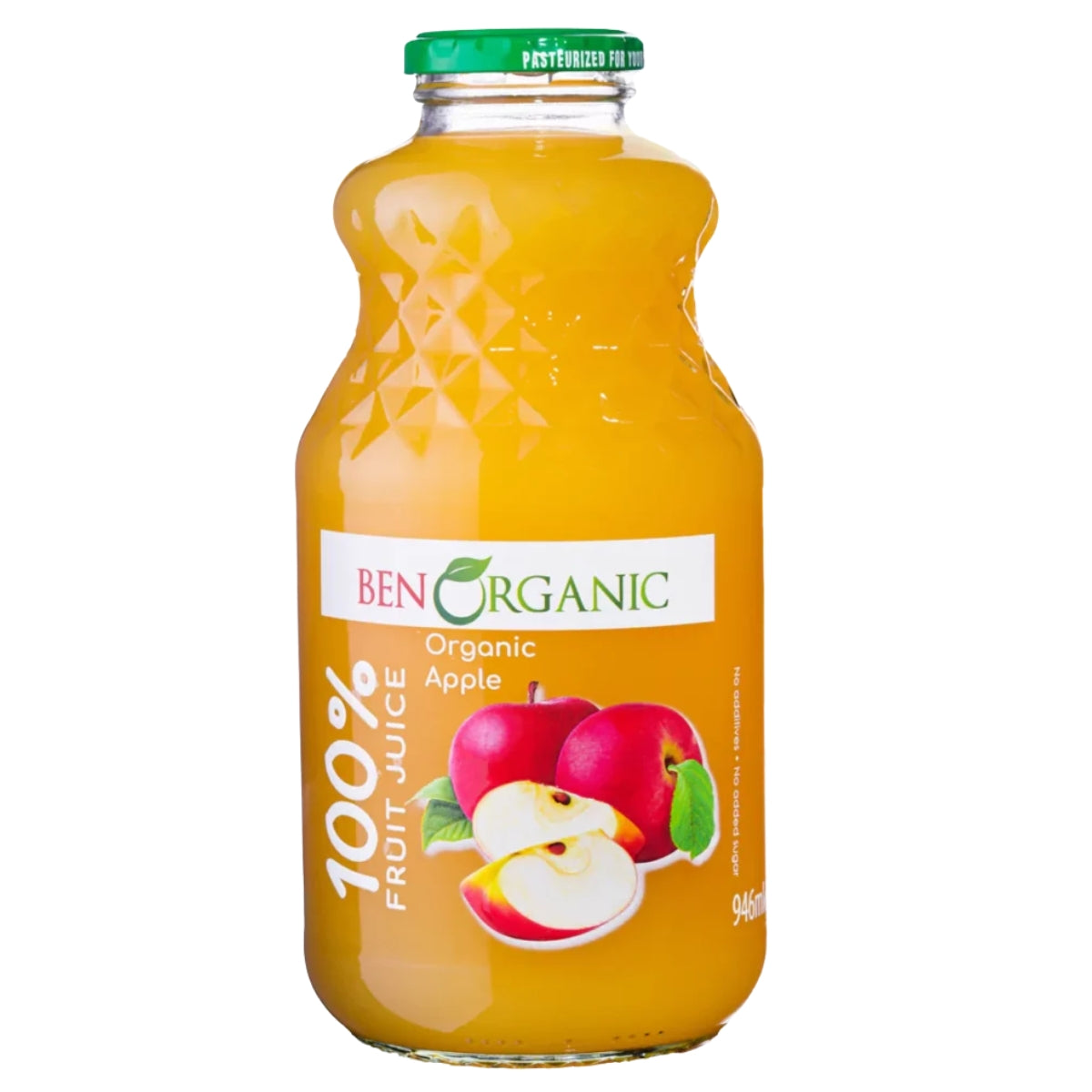 A 946ml glass bottle of BenOrganic Organic Apple Juice, featuring a green cap and an apple image on the label, made exclusively from 100% fruit juice by BenOrganic for pure, refreshing flavor.