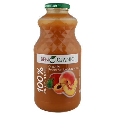 A 946ml bottle of BenOrganic - Organic Apricot Apple Peach Juice, featuring fruit images on the label and a green twist cap.