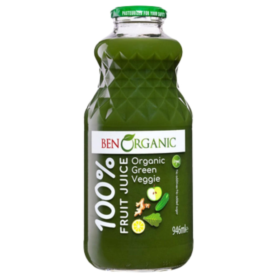 A 946ml bottle of BenOrganic - Organic Fruit & Vegetable Juice by BenOrganic features vibrant images of fruits and vegetables on the label.