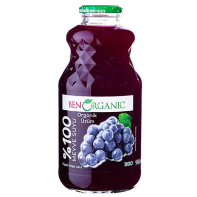 A 946ml bottle of BenOrganic Organic Grape Juice features a grape cluster on the label and highlights that it's 100% organic with no added sugar, rich in antioxidants.