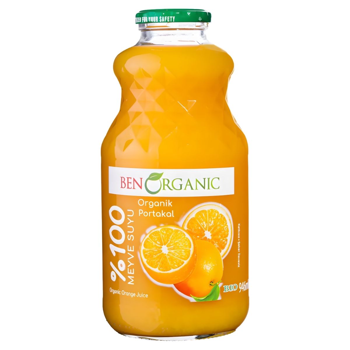 BenOrganic Organic Orange Juice 946ml comes in a glass bottle with Turkish and English labels, features sliced orange imagery, and emphasizes it’s made from 100% fruit juice.