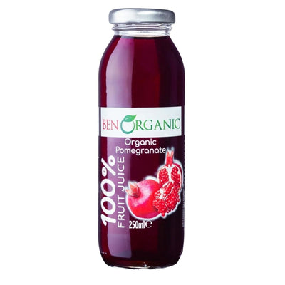 A glass bottle labeled "BenOrganic - Organic Pomegranate Juice - 250ml" features a pomegranate image—ideal for boosting your antioxidants as part of a healthy routine.