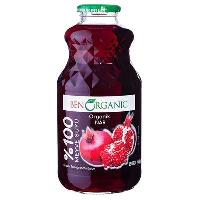 BenOrganic - Organic Pomegranate Juice (946ml): Glass bottle with a green cap and pomegranate image on the label, made from organic pomegranates. Rich in antioxidants for a healthy boost.