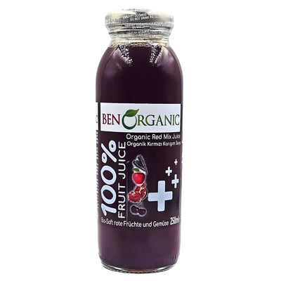 BenOrganic - Organic Red Mix Juice (250ml) is a clear glass bottle of dark red organic juice, sealed with a metal cap and valued for its antioxidant benefits.