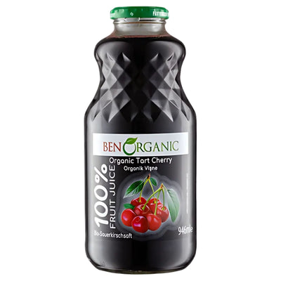A 946ml glass bottle of BenOrganic Organic Sour Cherry & Cherry Juice with a green cap and cherry image on the label—perfect as a refreshing antioxidant drink.