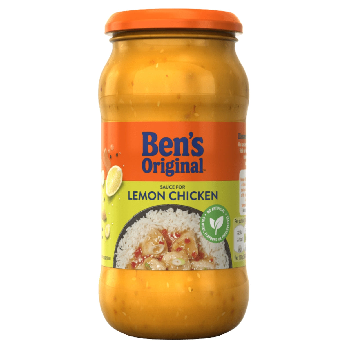 A 450g jar of Ben’s Original Lemon Chicken Sauce from Bens Original, featuring a label with lemon slices and a serving suggestion served over rice.