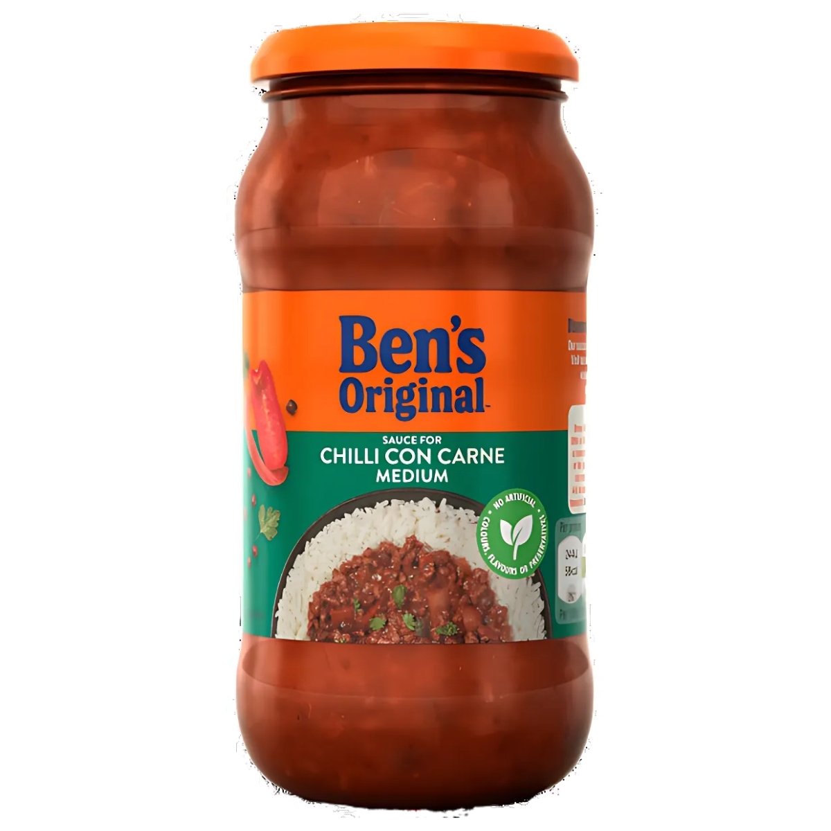 A jar of Ben's Original Medium Chilli Con Carne Sauce - 450g features an appetizing image of Chilli Con Carne served with rice on the label.