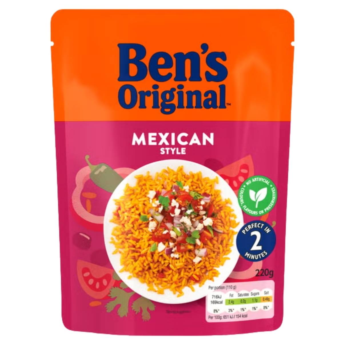 A 220g pouch of Ben's Original - Mexican Style Microwave Rice features an image of rice, vegetable illustrations, and product details for fast microwave preparation.