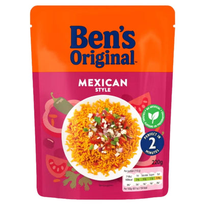 A 220g pouch of Ben's Original - Mexican Style Microwave Rice features an image of rice, vegetable illustrations, and product details for fast microwave preparation.