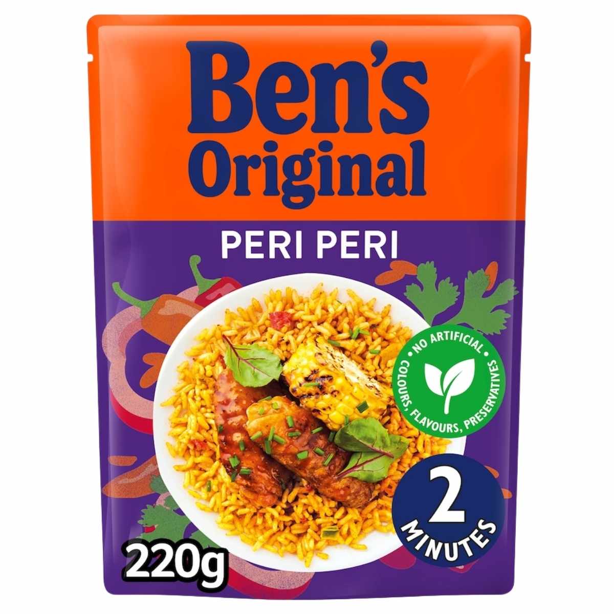 A 220g pack of Ben's Original Peri Peri Microwave Rice—spicy long grain rice ready in 2 minutes, with no artificial flavors or preservatives.