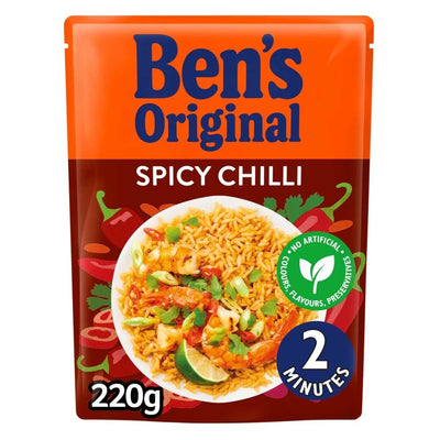 A 220g pack of Ben’s Original Spicy Chilli Microwave Rice by Bens Original, showing the rice dish, a “2-minute quick meal” label, and a green badge for no artificial additives.