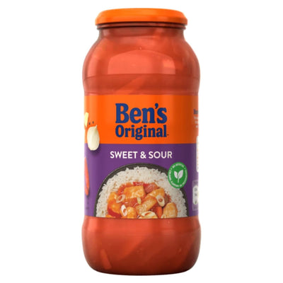 A 450g jar of Ben's Original Sweet & Sour Sauce, which serves four, promises a savory experience with a vibrant meal image displayed on the label.