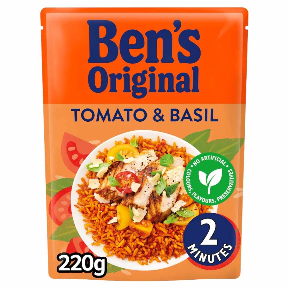 Ben's Original - Tomato & Basil Microwave Rice (220g) is ready in 2 minutes and contains no artificial colours, flavours, or preservatives. The pack shows a serving suggestion with chicken and vegetables.