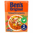 Ben's Original - Tomato & Basil Microwave Rice (220g) is ready in 2 minutes and contains no artificial colours, flavours, or preservatives. The pack shows a serving suggestion with chicken and vegetables.