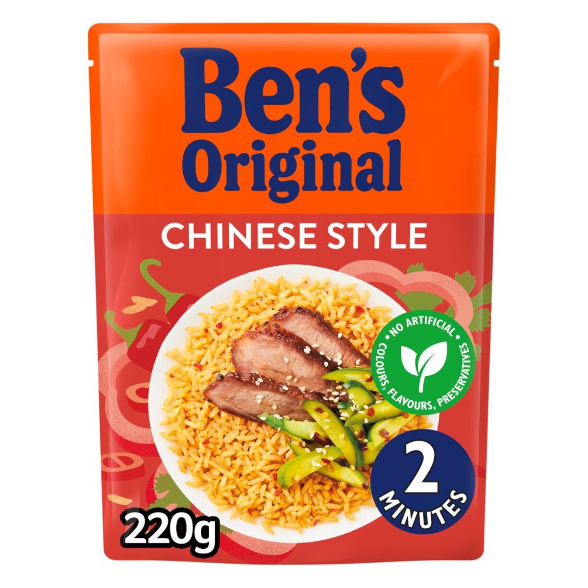 Packaging of Bens Original - Chinese Style Microwave Rice with duck and vegetables, highlighting "no artificial flavors, preservatives" and a 2-minute cook time, 220g size.