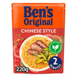 Packaging of Bens Original - Chinese Style Microwave Rice with duck and vegetables, highlighting "no artificial flavors, preservatives" and a 2-minute cook time, 220g size.