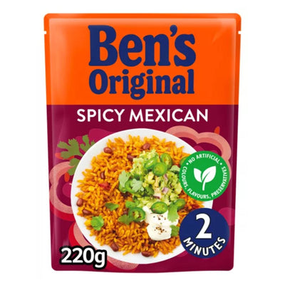 A 220g pack of Ben’s Original Spicy Mexican Style rice, with an image of herbed rice and jalapeños on the front and a label showing it cooks in 2 minutes.