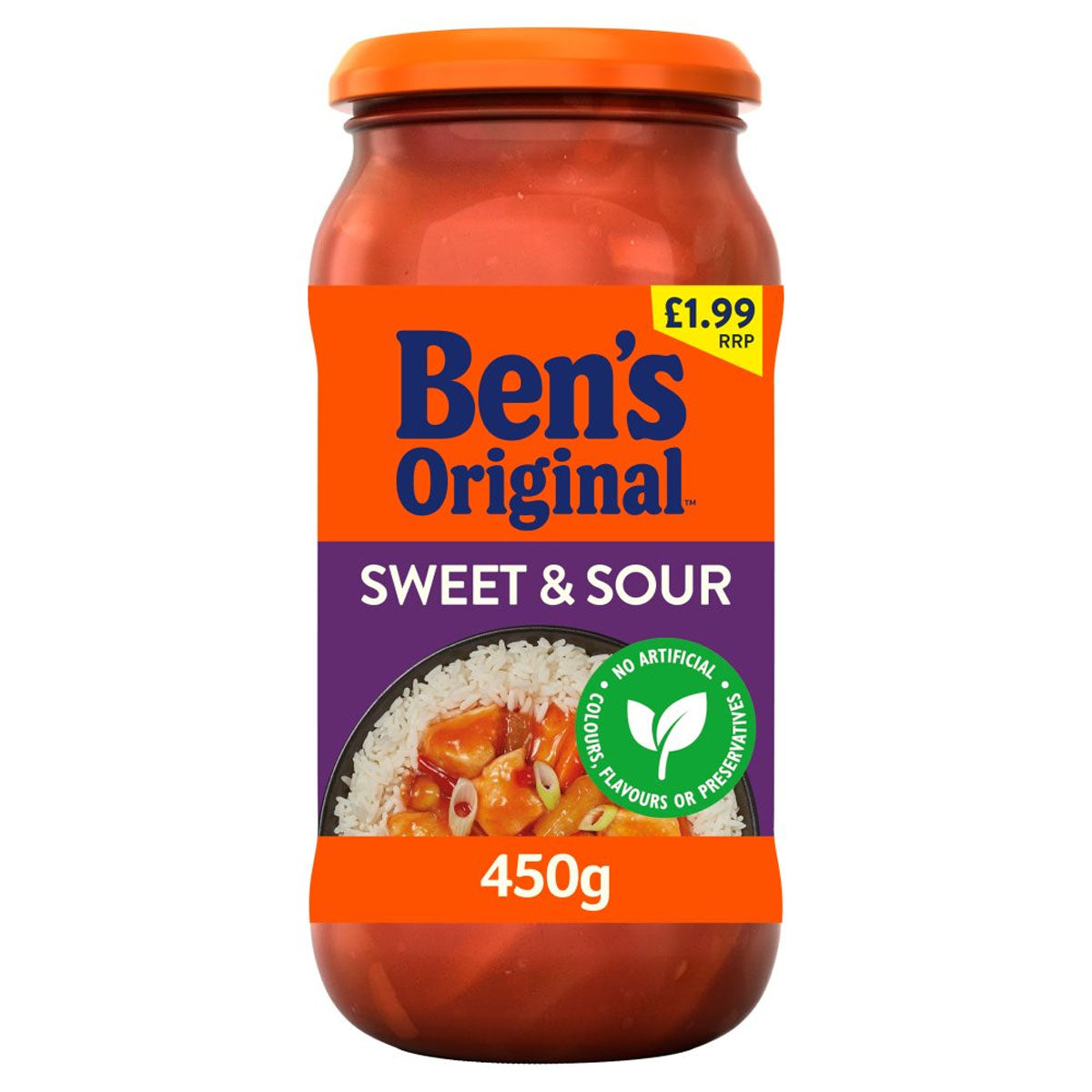 A jar of Bens Original - Sweet and Sour Sauce - 450g with a label.