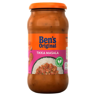 A 450g jar of Bens Original Tikka Masala Sauce, ideal for curry night—just heat and serve over rice for a delicious meal.