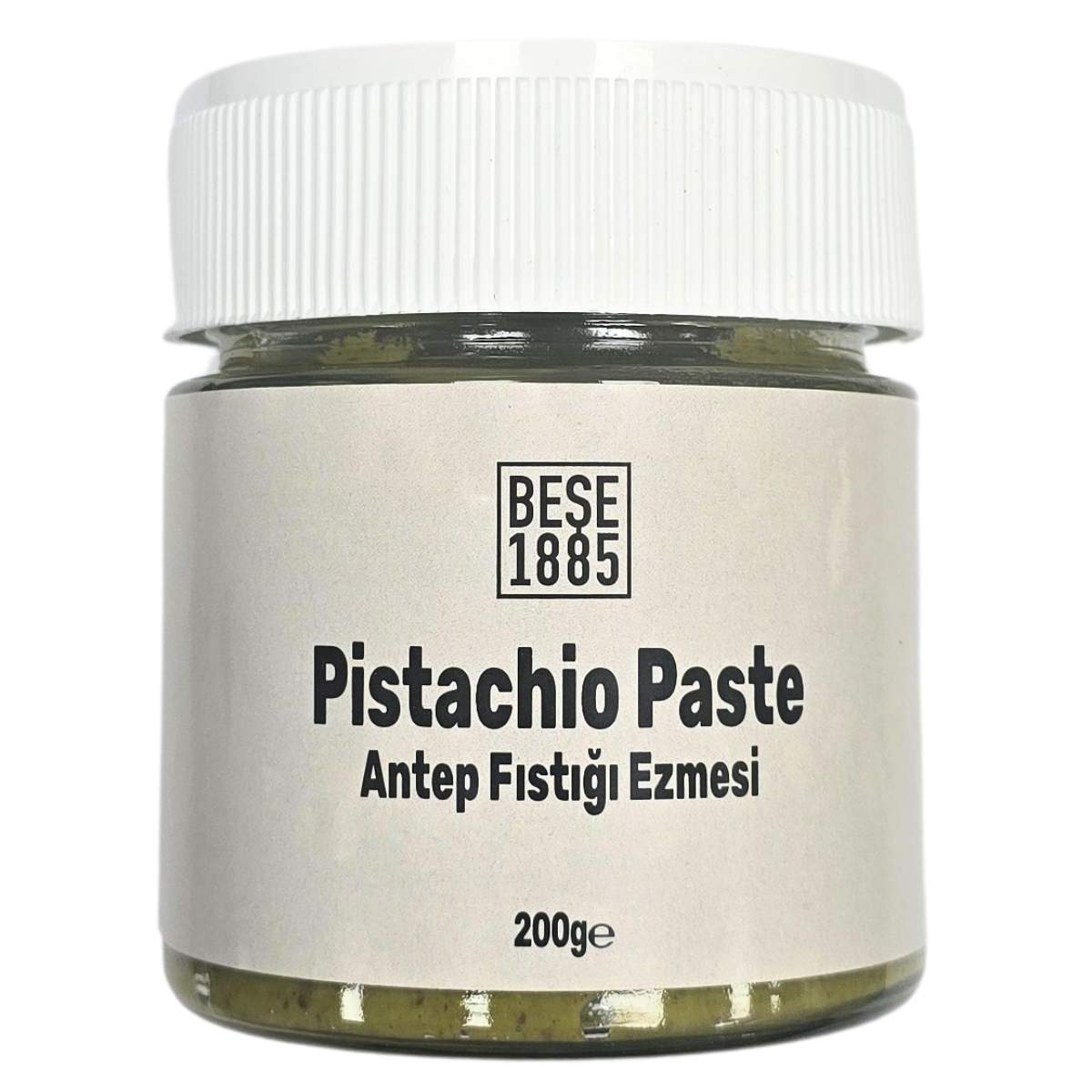 A 200g jar of Bese 1885 Pistachio Cream Paste, featuring "Antep Fıstığı Ezmesi" and containing 70% pistachios, comes with a white lid.