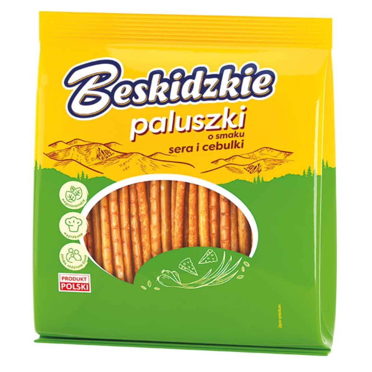 An eye-catching green and yellow bag of Beskidzkie - Cheese & Onion Flavoured Cracker Sticks (180g), these crunchy snacks offer a savoury treat.