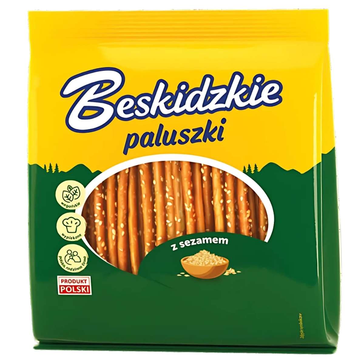 The golden bag of Beskidzkie Sesame Cracker Sticks, featuring a vibrant green and yellow design with Polish text, is perfect for elevating your snacking game.