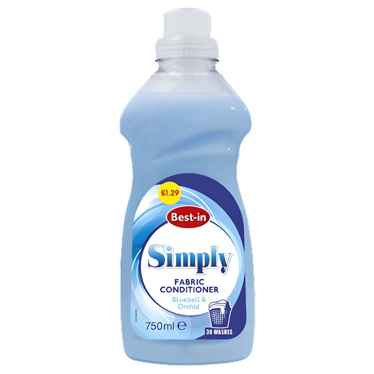 Best In - Simply Bluebell & Orchid Fabric Conditioner (750ml) offers a floral scent, reduces wrinkles, lasts 30 washes, and features a blue cap and label. Price: £1.29.
