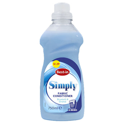 Best In - Simply Bluebell & Orchid Fabric Conditioner (750ml) offers a floral scent, reduces wrinkles, lasts 30 washes, and features a blue cap and label. Price: £1.29.