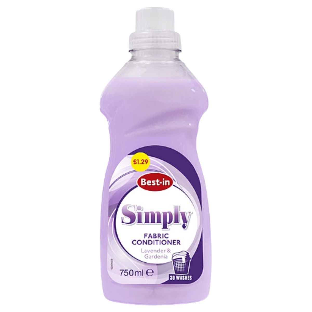 A 750ml bottle of Best In Simply Lavender & Gardenia Fabric Conditioner for 30 washes, priced at £1.29.