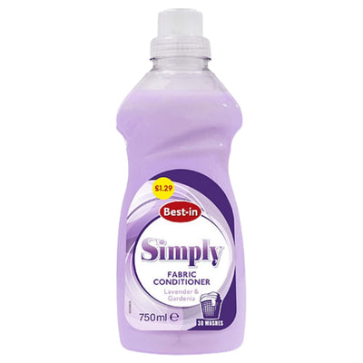A 750ml bottle of Best In Simply Lavender & Gardenia Fabric Conditioner for 30 washes, priced at £1.29.