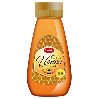 Best In Clear Honey 340g comes in a plastic bottle with a honeycomb design, labeled "Pure & Natural," and is priced at £1.99—ideal for anyone wanting premium, clear honey.