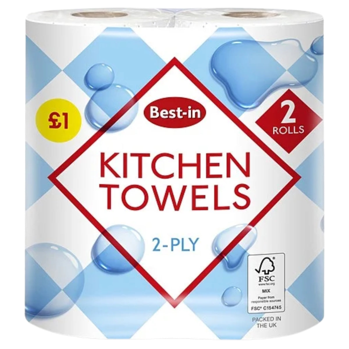Best In Kitchen Towels 2 Rolls, 2-ply, with blue and white design, £1. Absorbent, FSC certified, and packed in the UK.