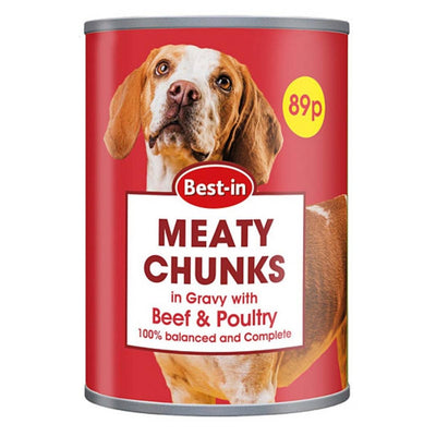 A 400g can of Best In Meaty Chunks In Gravy With Beef & Poultry Dog Food, priced at 89p, features a photo of a dog on its red label.