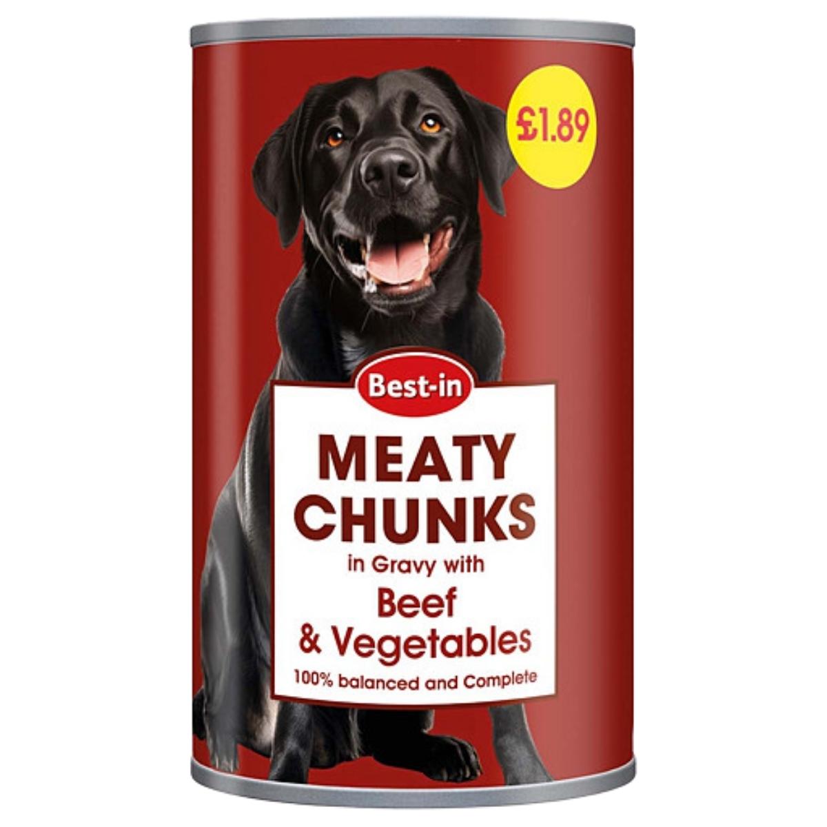 Can of Best-in Meaty Chunks dog food with a black dog on the label.