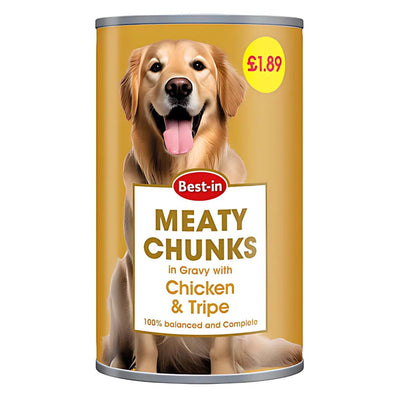 A 1.2kg can of Best In Meaty Chunks in Gravy with Chicken & Tripe dog food, featuring a golden retriever on the label, is priced at £1.89.